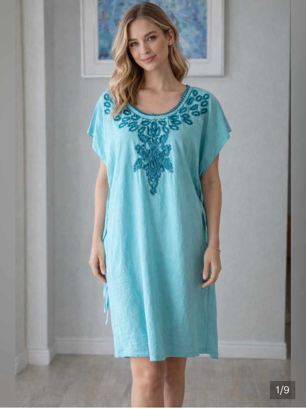 Soft Surroundings Cotton India Midi Dress Pom Embroidered Beach Coverup